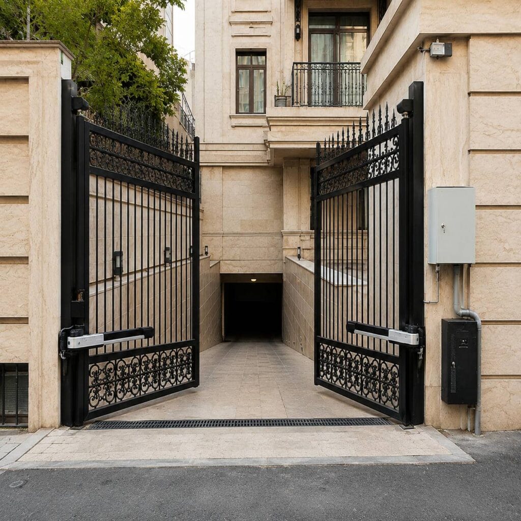درب اتوماتیک ریلی حیاط با نمای چوبی