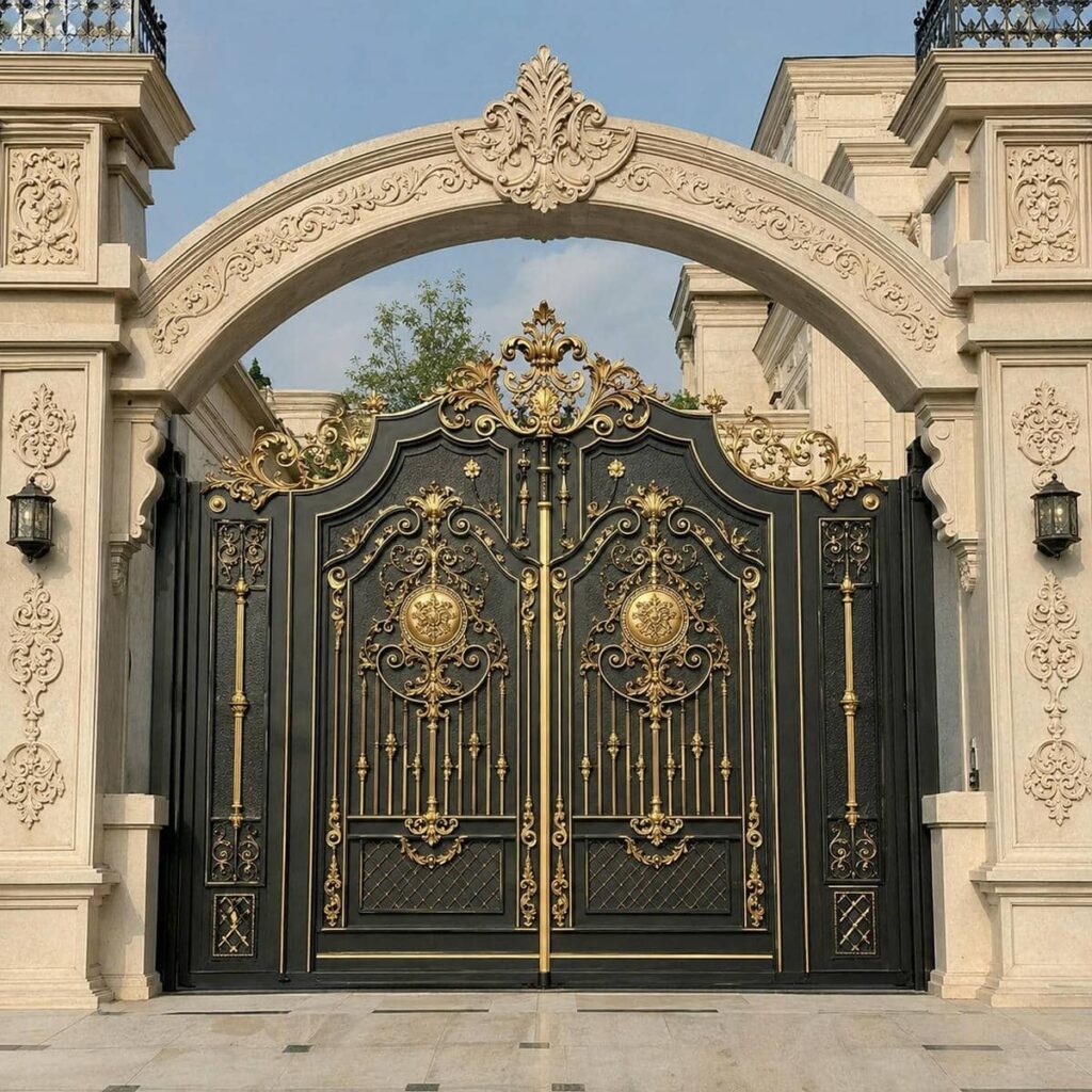 تولید درب حیاط مشکی طلایی با تزئینات محدود