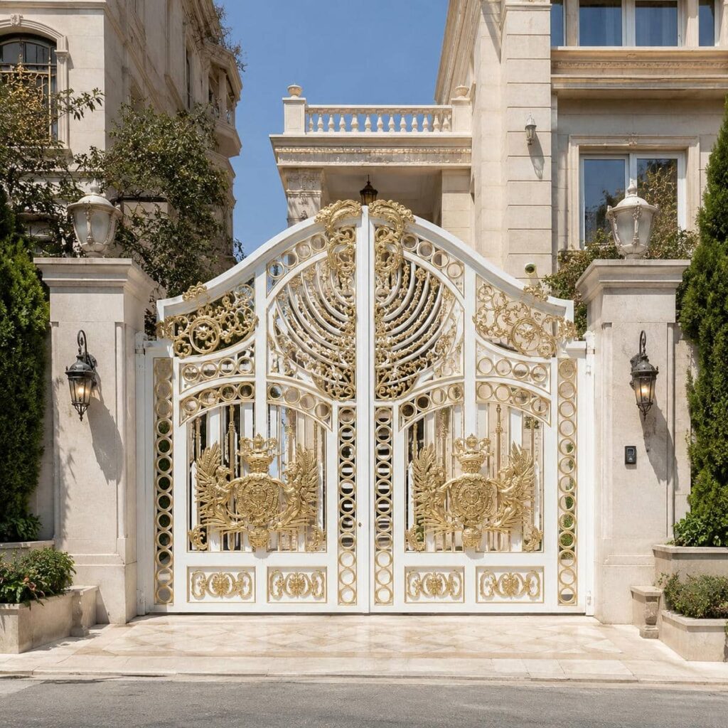 درب حیاط سفید طلایی با طرح مدرن خطی