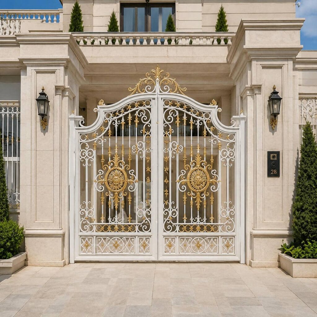 مدل کلاسیک درب حیاط سفید طلایی فرفورژه